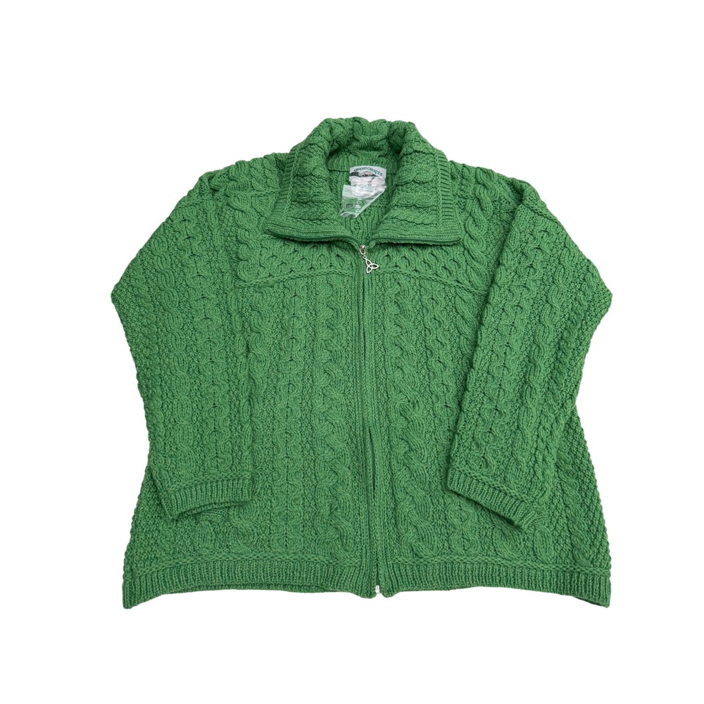 Aran Crafts Cardigan Womens XL Green NWOT Merino Wool Cable Knit Zip Ireland